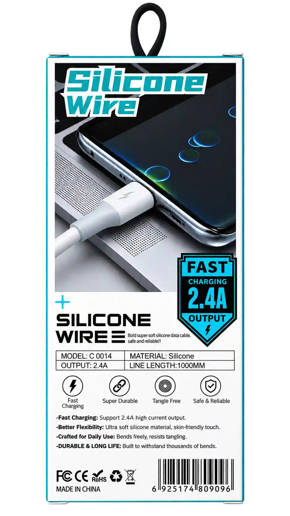 کابل شارژ سریع دو سر تایپ سی سیلیکونی ۲.۴ آمپر مدل C 0014 (Silicone Wire C 0014 C to C Data Cable 2.4A) — تصویر 2