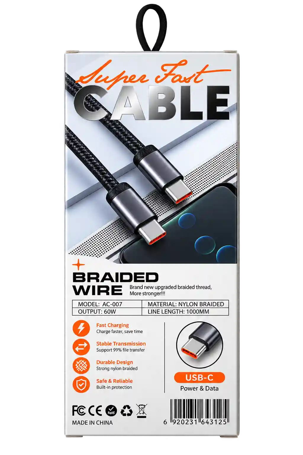 کابل شارژ سریع دو سر تایپ سی ۶۰ وات مدل AC-007 (Super Fast CABLE AC-007 C-C 60W) — تصویر 3