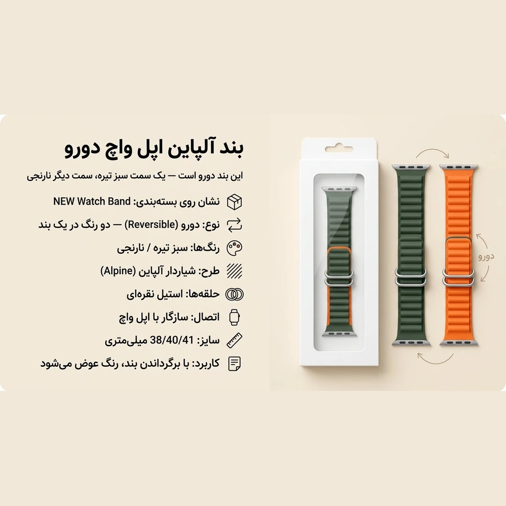 بند آلپاین اپل واچ مدل شیاردار دورو دو رنگ سبز تیره و نارنجی مناسب برای سایز 38/40/41 میلیمتری — تصویر 2