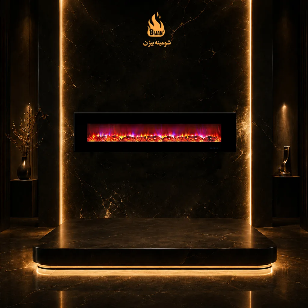 شومینه برقی مدل B-15050-18 - نمای روبرو با ابعاد 150 سانتی‌متر × 50 سانتی‌متر